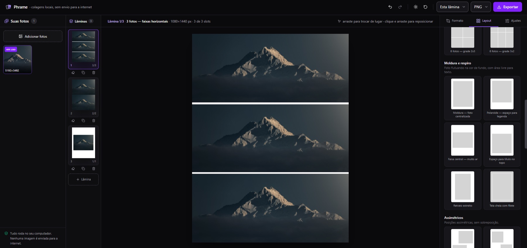 Editor do Phrame com fotos, lâminas e catálogo de layouts